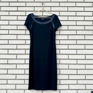 Lafayette 148 Black Silk Trim Jersey Midi Dress Short Sleeve Minimalist M